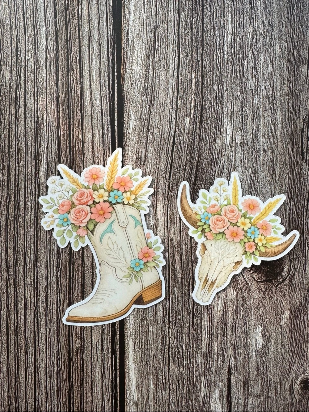 Floral Cowboy Boot and Bull Skull Sticker Set